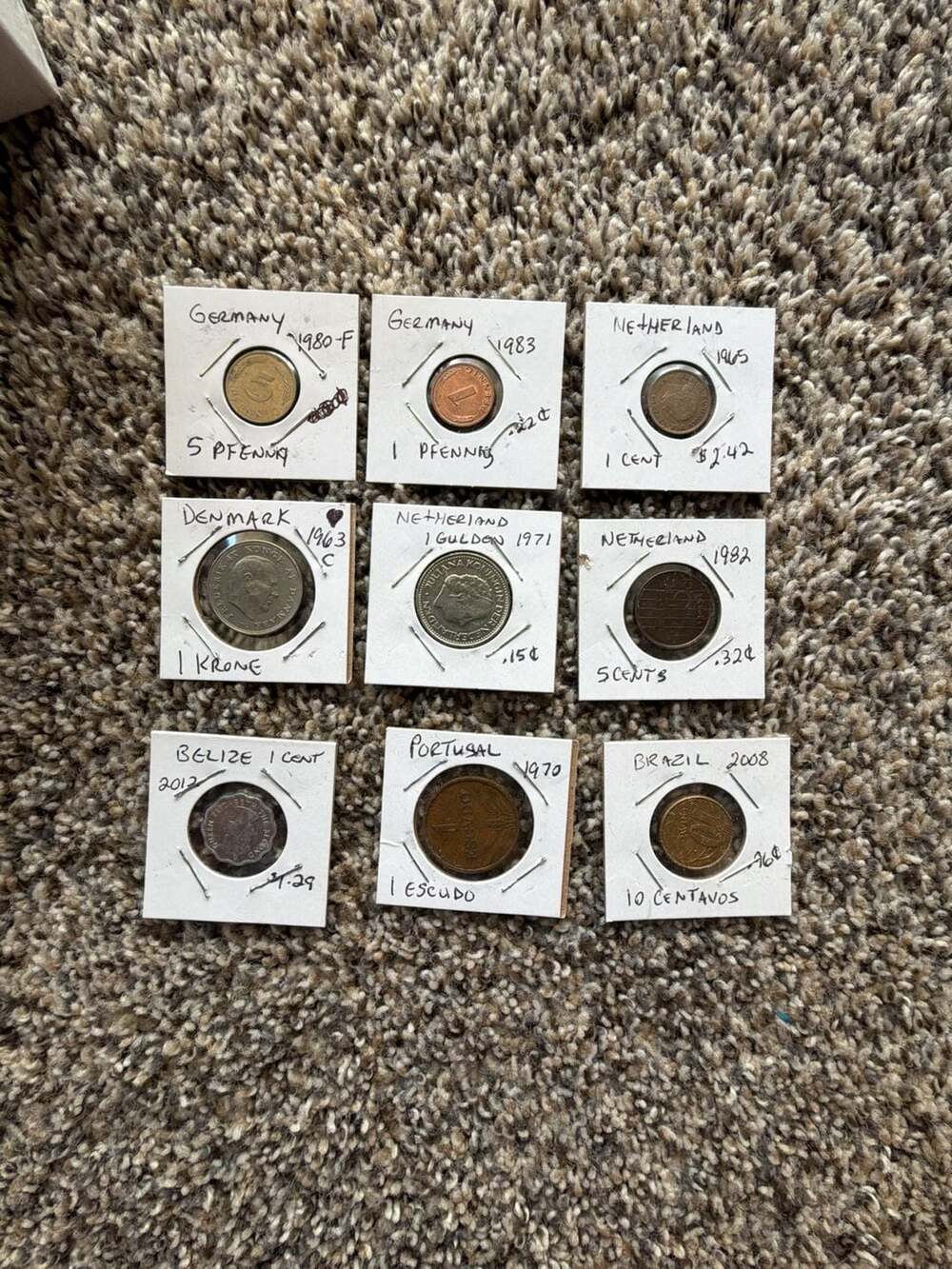 Set of 9 Assorted Vintage World Coins in Protective Holders